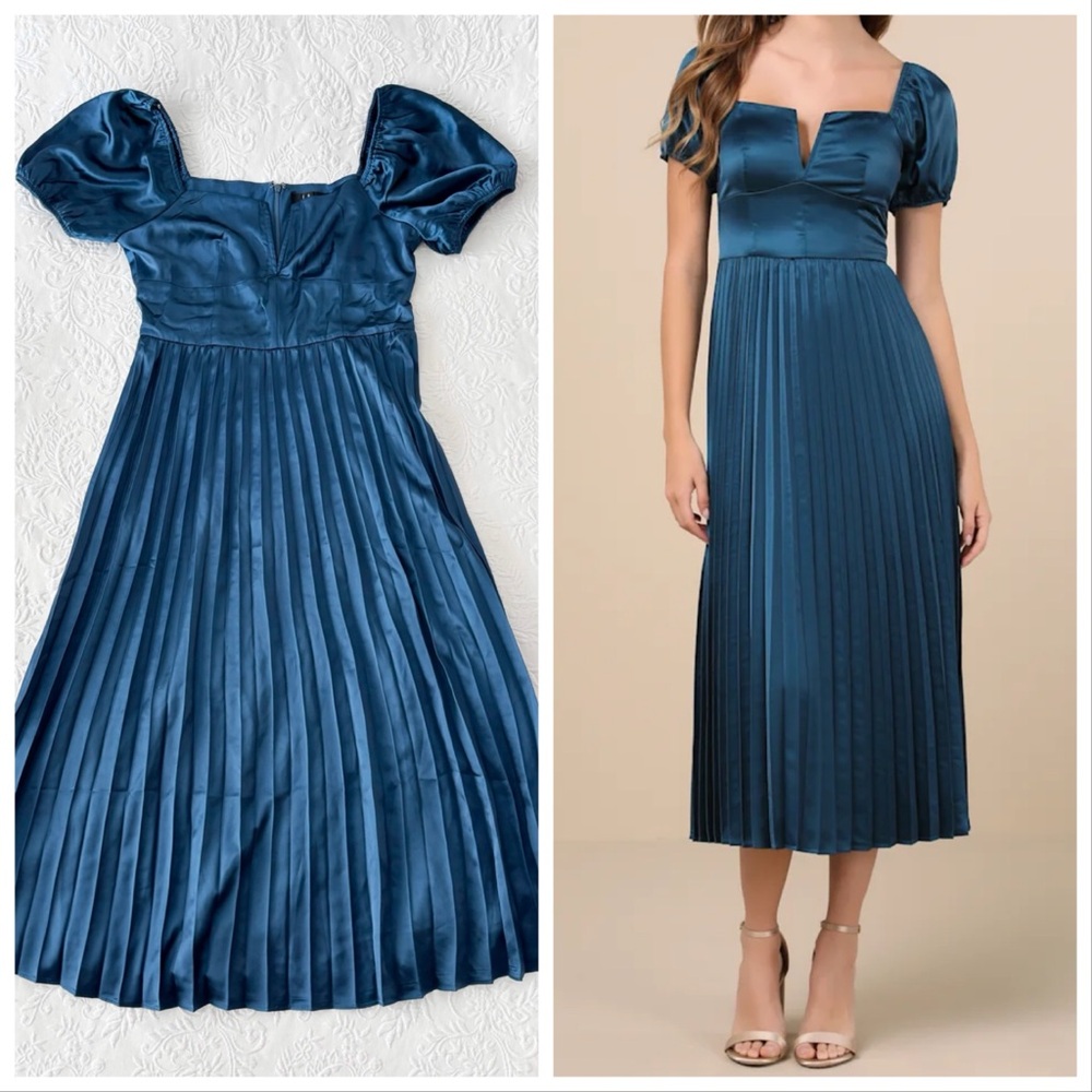 Lulu's Teal Satin Midi Dress with Pleated Skirt